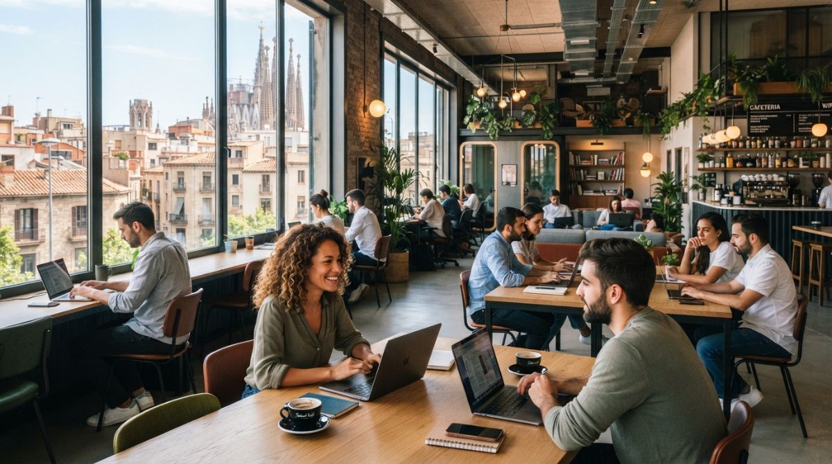 A sleek, modern co-working space in Barcelona, Spain, with large windows overlooking historic architecture, filled with diverse professional expats working on laptops and networking.