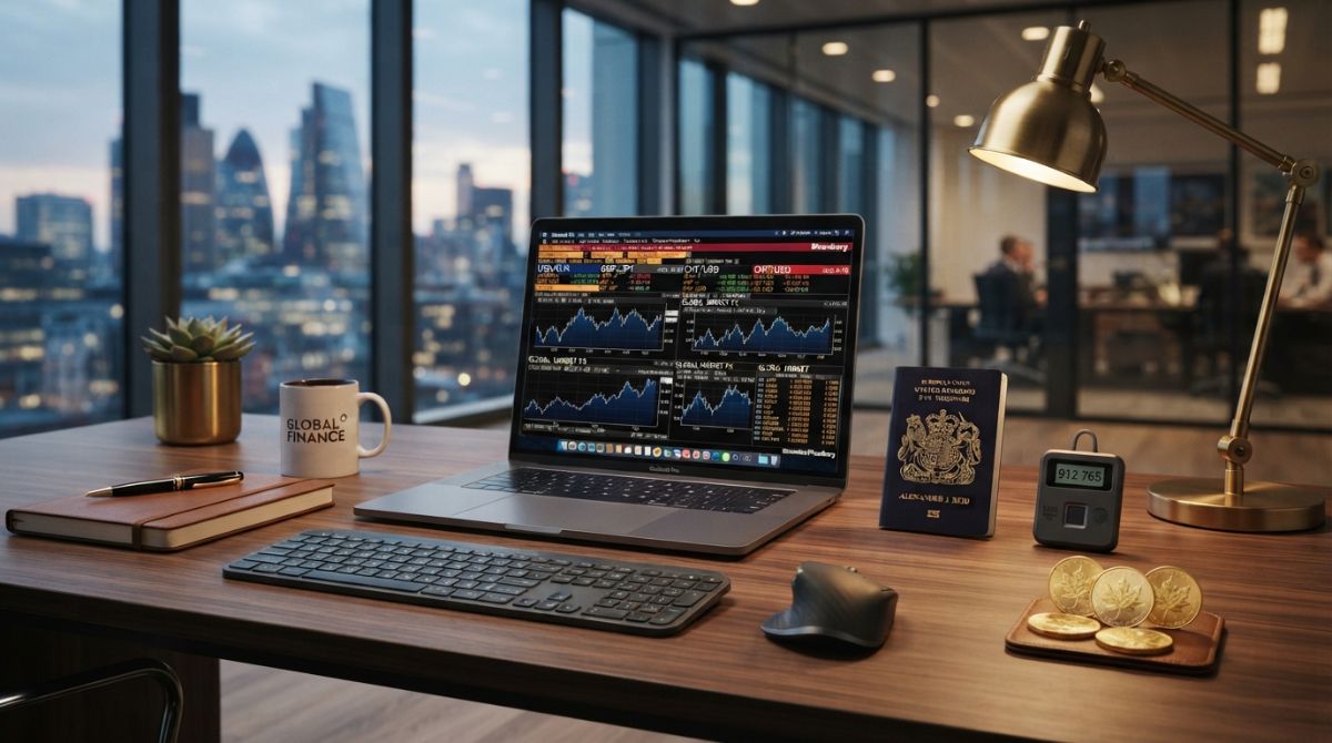 A sleek, professional desk setup with a passport, a secure dynamic key-fob, gold coins, and a laptop showing international currency conversion charts under elegant corporate lighting.
