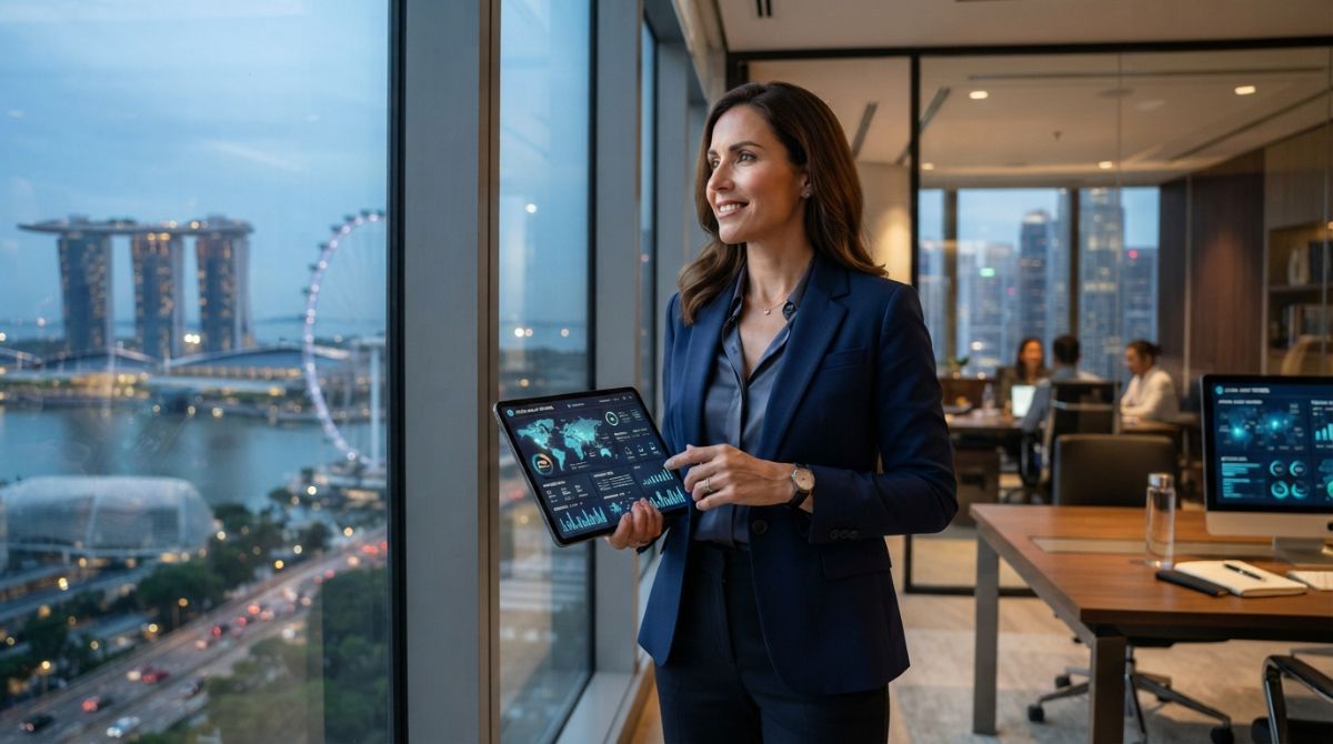 A confident expatriate business woman standing in a high-rise office in Singapore, looking out over the city skyline while holding a tablet showing global healthcare network data, modern professional corporate style.