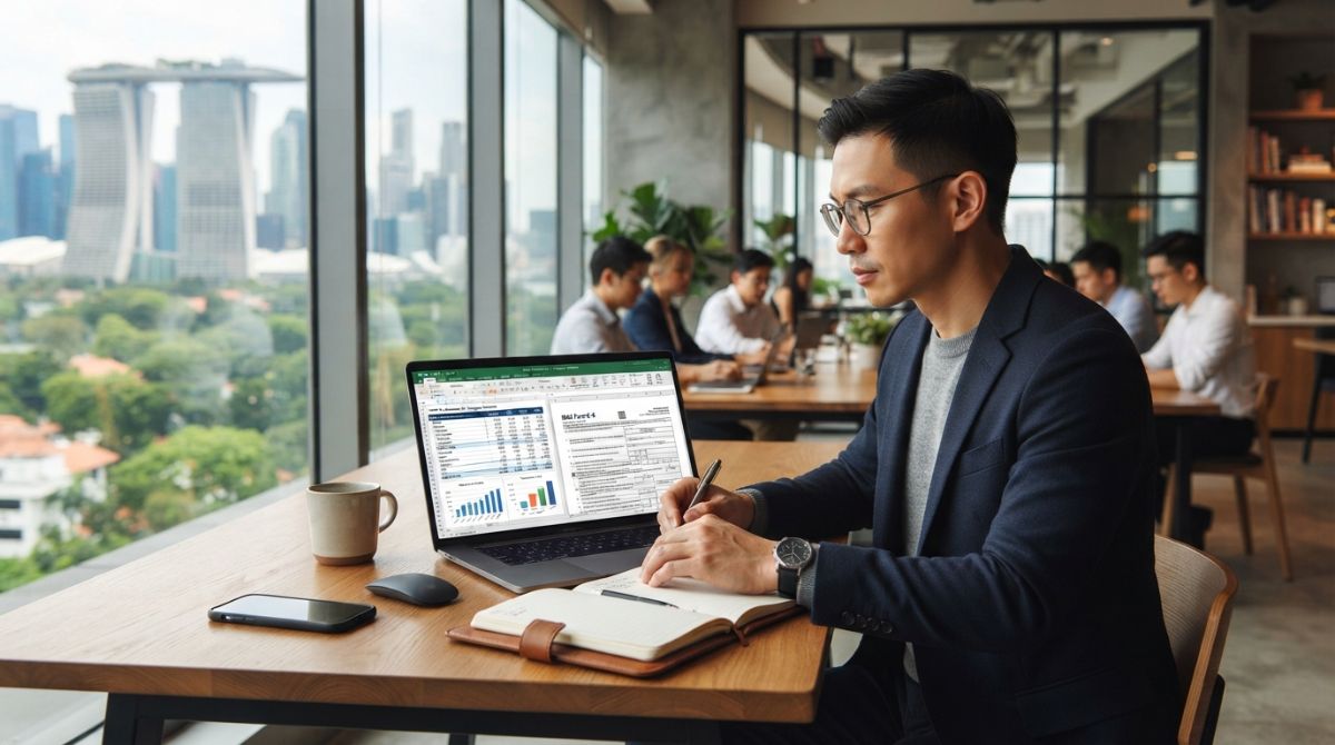 A professional expat entrepreneur working on a laptop at a modern coworking space in Singapore, with digital tax documents, spreadsheets, and tax forms visible on the screen, highly detailed, professional lighting, corporate editorial style.