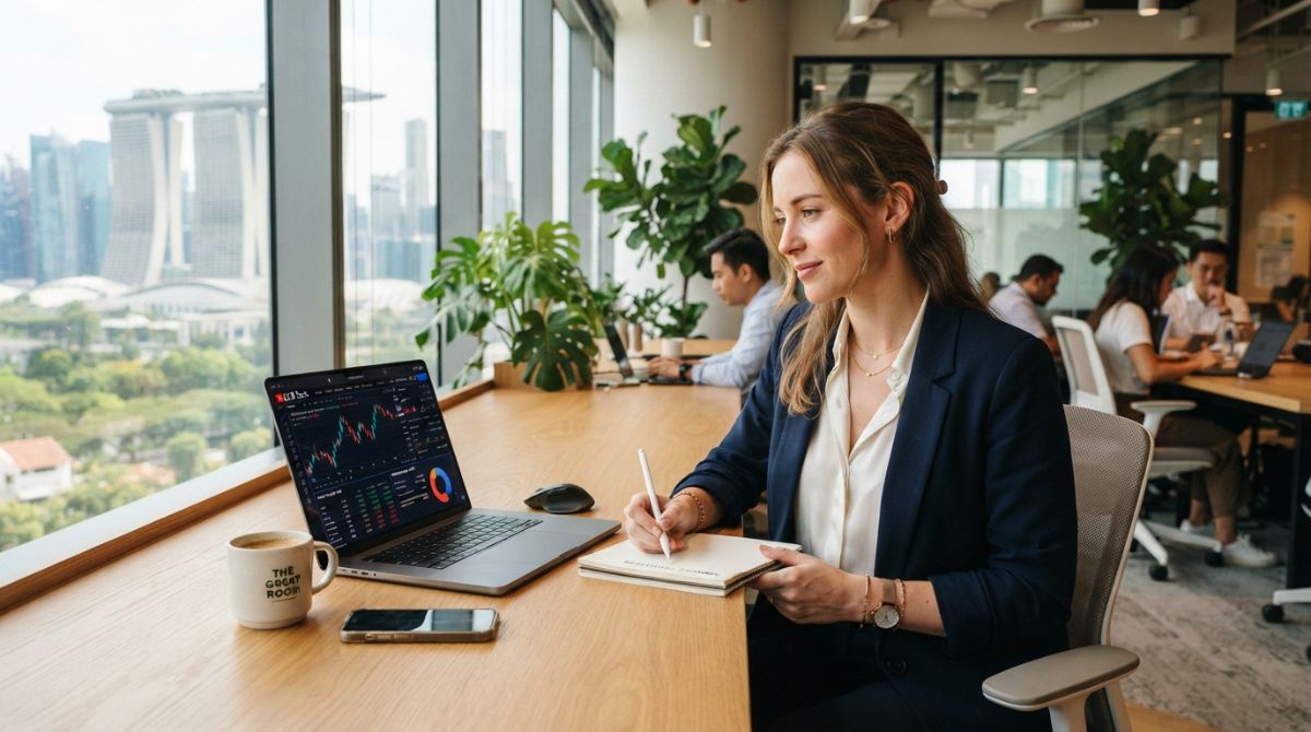 A professional expat sitting in a modern co-working space in Singapore, looking at a laptop showing digital banking charts, with a clean and bright international business aesthetic.