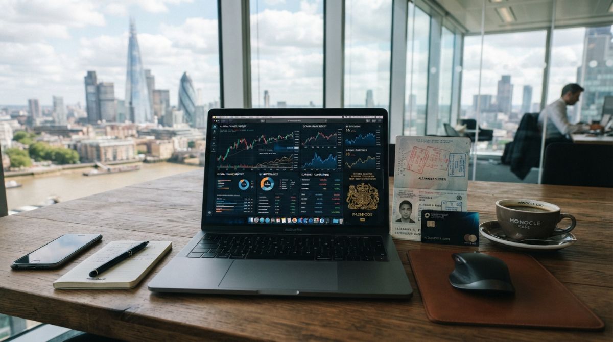 A professional modern workspace with a laptop displaying financial data, a foreign passport, a credit card, and a cup of coffee on a sleek wooden table, symbolizing global mobility and expat business finance.